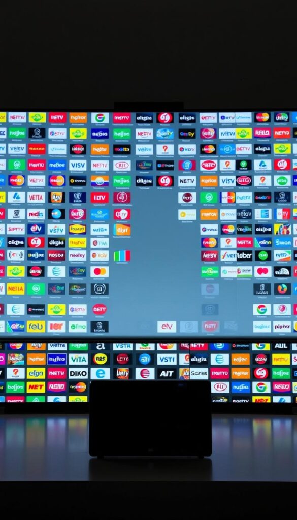 A detailed, expansive IPTV channel list displayed on a sleek, modern interface. The foreground showcases an extensive grid of colorful channel logos, neatly organized and visually striking. The middle ground features a minimalist control panel, allowing users to navigate the expansive selection. The background is a subtle, gradient-based design, creating a clean, professional atmosphere. Soft, balanced lighting accentuates the detailed channel icons and the elegant layout. The entire scene conveys the comprehensive and user-friendly nature of the IPTVANBIETERTV service, enticing viewers with its robust programming options.