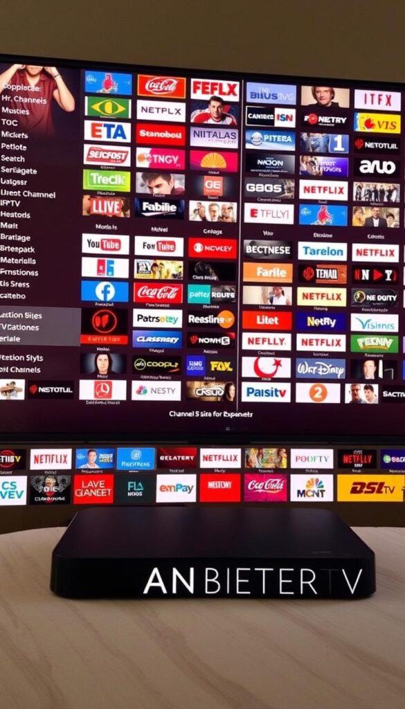 A detailed, expansive IPTV program guide with an extensive channel lineup, showcasing the breadth and depth of entertainment options. The guide is presented with a clean, modern aesthetic, featuring crisp typography and a minimalist design that allows the content to shine. The layout is intuitive and easy to navigate, with clear categorization and labeling of different genres and channel types. The guide is displayed on a sleek, high-resolution screen, bathed in warm, diffused lighting that creates a sense of depth and atmosphere. In the foreground, the brand name "IPTVANBIETERTV" is prominently featured, conveying the quality and reliability of the service. The overall impression is one of sophistication, attention to detail, and a commitment to providing a comprehensive and user-friendly IPTV experience.