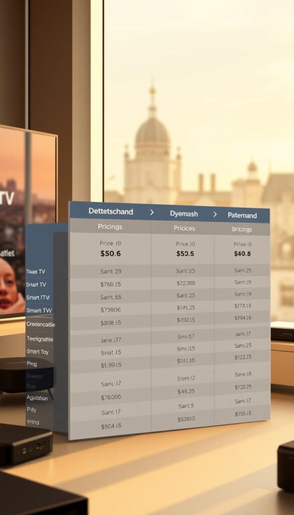 A detailed, high-definition illustration of the IPTV Deutschland pricing options displayed on the IPTVANBIETERTV website. The image features a sleek, minimalist layout with a clean, professional aesthetic. The foreground showcases a comprehensive pricing table, meticulously designed with clear, legible typography and well-organized information. The middle ground depicts various IPTV-compatible devices, such as smart TVs and streaming boxes, subtly hinting at the device support. The background features a subtle, soft-focus cityscape of Germany, evoking a sense of the local market. The overall scene is bathed in warm, natural lighting, creating a welcoming and informative atmosphere.