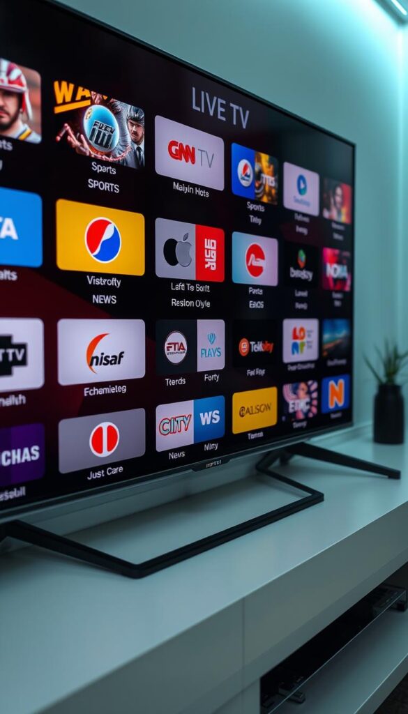 A detailed, high-quality IPTV channel list from the provider IPTVANBIETERTV.com, displayed on a sleek, modern interface. The screen showcases a grid layout with channel logos and names, allowing the viewer to easily browse and select from a comprehensive selection of live TV, sports, news, movies, and more. The image is captured with a sharp, professional-grade camera lens, showcasing the content in vibrant, true-to-life colors and clarity. The overall mood is one of sophistication and functionality, highlighting the comprehensive nature of the IPTV service. The background is minimalist and uncluttered, placing the focus squarely on the channel list interface.
