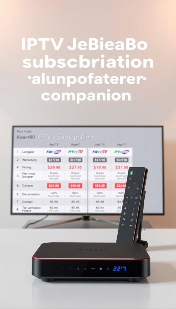 A detailed, high-quality annual subscription comparison for IPTV services in Germany. In the foreground, a sleek, modern IPTVANBIETERTV device showcased against a clean, minimalist background. The middle ground features a grid-like layout displaying various IPTV package options, with clear pricing details and feature highlights. The background has a subtle, warm lighting scheme, conveying a sense of professionalism and reliability. The overall composition emphasizes the comprehensiveness of the IPTV Jahresabo comparison, with a focus on the user-friendly IPTVANBIETERTV platform as the ideal solution for German consumers.