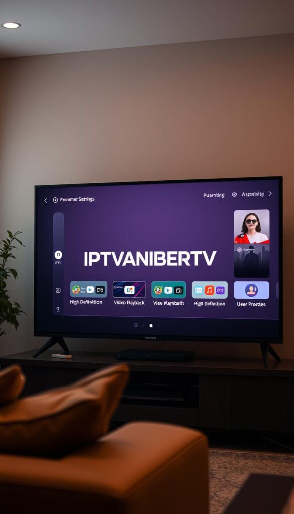 A detailed, high-quality digital illustration of a modern IPTV streaming service interface on a large TV screen. The screen displays the brand name "IPTVANBIETERTV" prominently in the center. The UI features clean, minimalist design with simple navigation menus, high-definition video playback, and customizable user profiles. The scene is lit by warm, indirect lighting, giving it a cozy, living room-like atmosphere. The background blurs softly, keeping the focus on the TV screen. The overall mood is one of simplicity, technology, and entertainment.