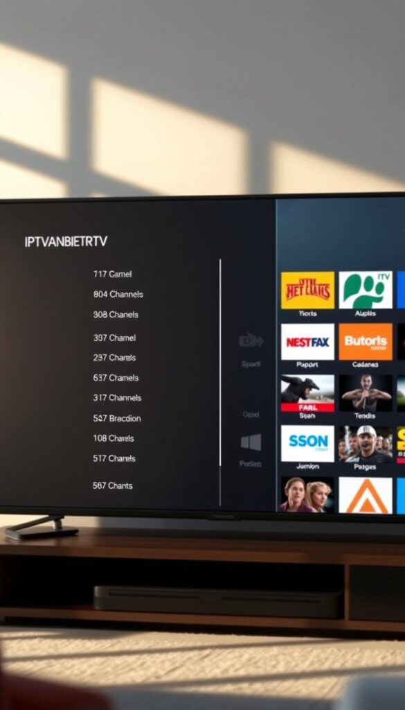 A detailed, high-quality digital illustration showcasing an IPTV channel list with an electronic program guide (EPG). The image should prominently feature a sleek and modern user interface with a clean, minimalist design. The channel list should display a variety of channels and program information, presented in a visually appealing and easy-to-navigate layout. The background should have a subtle, soft-focus effect, creating a sense of depth and emphasizing the main focus of the interface. Lighting should be natural and indirect, casting a warm, inviting glow over the scene. The overall mood should be one of technology, convenience, and superior entertainment experience. Include the brand name "IPTVANBIETERTV" in the user interface.