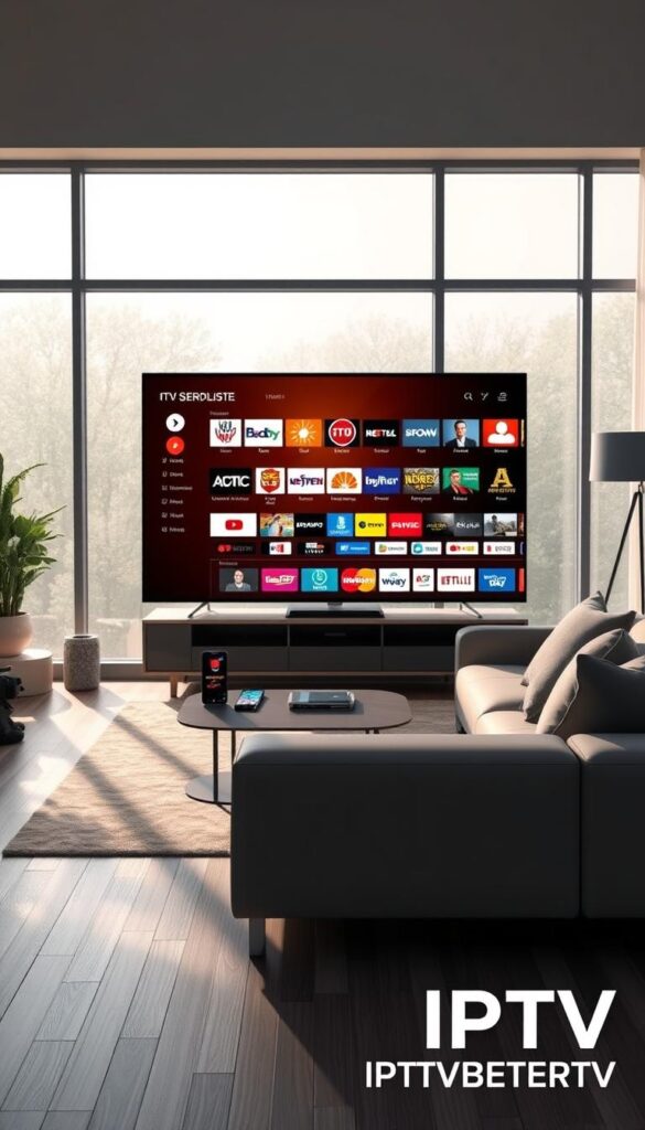 A detailed, high-quality digital illustration showcasing the advantages of IPTV over traditional TV offerings. The scene depicts a sleek, modern living room with large windows allowing natural light to stream in. In the foreground, a state-of-the-art television displays the IPTV DEUTSCHLAND SENDERLISTE, showcasing a wide array of channels. Surrounding the TV are various smart devices, such as smartphones and tablets, reflecting the ability to access IPTV content on multiple platforms. The middle ground features a comfortable sofa and coffee table, creating a cozy atmosphere. In the background, subtle hints of smart home automation, such as voice-controlled lighting and climate settings, emphasize the integrated nature of IPTV within a connected home environment. The overall tone is one of technological sophistication, convenience, and the seamless integration of entertainment and home automation. The IPTVANBIETERTV brand is prominently displayed in the bottom right corner.