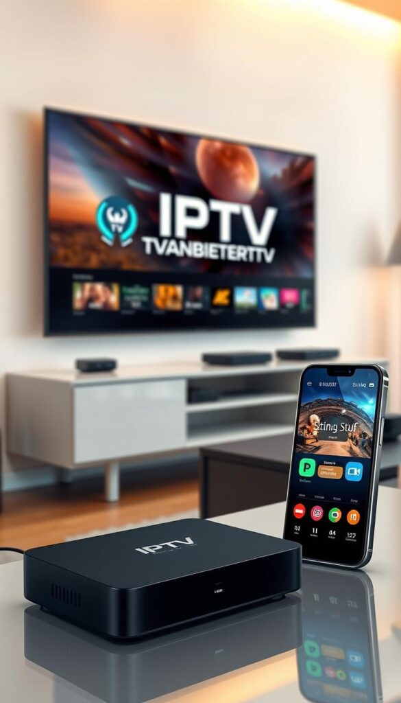 A detailed, high-quality illustration of "IPTV Streaming Qualität" showcasing a modern, sleek streaming interface on a large flat-screen TV. The scene should be well-lit, with warm tones and a sense of technological sophistication. The TV screen displays crisp, vibrant video with a prominent IPTVANBIETERTV logo. In the foreground, various streaming devices, such as a set-top box and a smartphone, are shown seamlessly connected and delivering a seamless, high-definition viewing experience. The background should feature a minimalist, contemporary living room setting, emphasizing the integration of IPTV technology into the home environment.