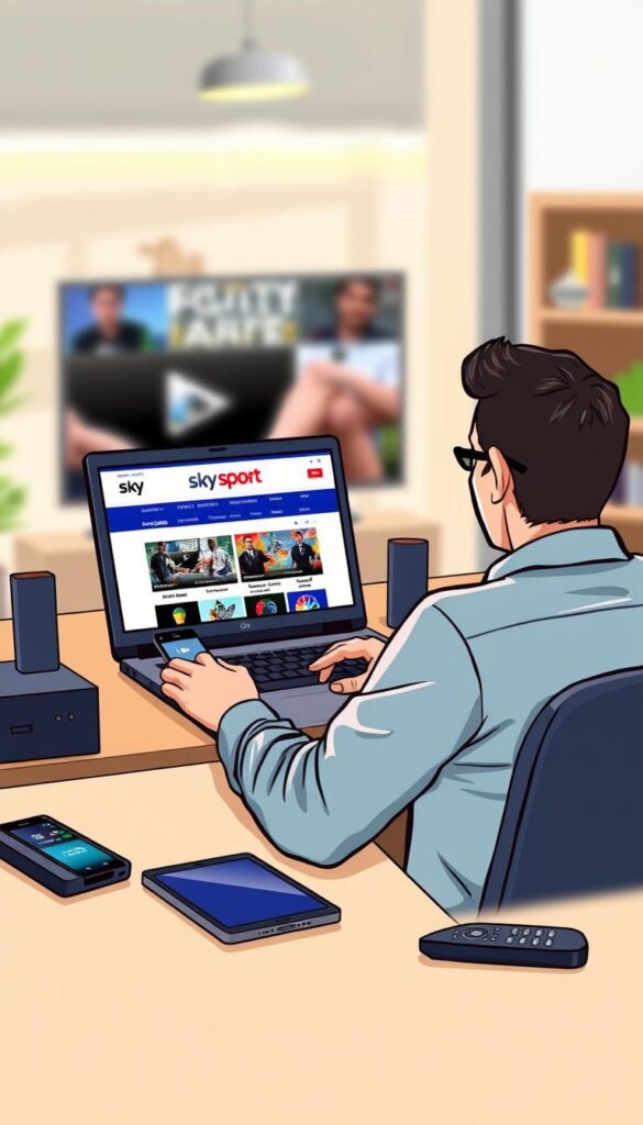 A detailed, high-quality illustration of a person buying IPTV with Sky Sport. The image shows a person sitting at a desk, using a laptop to navigate an IPTV provider's website, specifically "IPTVANBIETERTV". The person is surrounded by various devices, including a smartphone, tablet, and TV remote, indicating the flexibility of accessing Sky Sport content on multiple devices. The scene is well-lit, with a warm, inviting atmosphere, emphasizing the ease and convenience of the IPTV purchase process. The composition is balanced, with the person and devices taking up the foreground, and a blurred background suggesting a modern, tech-savvy environment.