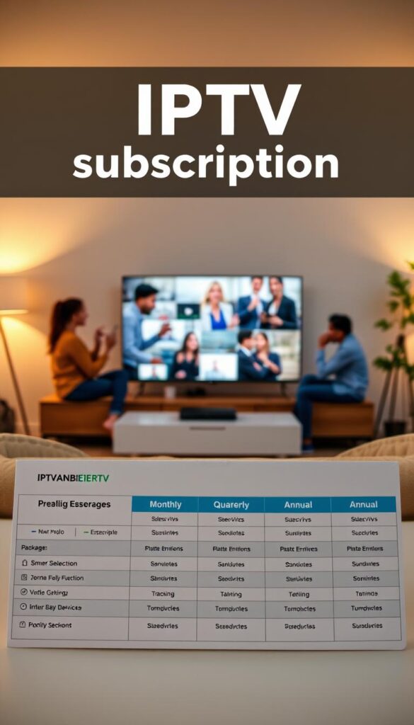 A detailed, high-quality image of IPTV subscription options, showcasing a range of packages and pricing tiers. The foreground features the IPTVANBIETERTV brand prominently displayed, with various subscription plans, including monthly, quarterly, and annual options, laid out in a clean, organized manner. The middle ground depicts people of diverse backgrounds interacting with IPTV devices, such as smart TVs and mobile devices, to convey the versatility of the service. The background showcases a modern, minimalist living room setting, with soft, warm lighting creating a cozy atmosphere. The overall composition should evoke a sense of professionalism, accessibility, and the wide-ranging benefits of IPTV services.