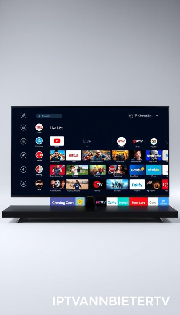 A detailed, high-quality image of an IPTV subscription service provider's channel list, showcasing a visually appealing and organized interface. The image should feature a sleek, modern design with a clean, minimal aesthetic. The channel list should be prominently displayed, with clear categories and icons to represent different types of content, such as live TV, movies, and sports. The overall composition should convey a sense of professionalism and ease of use, reflecting the benefits of an IPTV subscription. The background should be a neutral, soft-toned color that complements the branding and interface elements. The image should be presented from a frontal perspective, with a slightly elevated angle to provide an optimal viewing experience. The IPTVANBIETERTV brand name should be displayed discreetly in the bottom right corner.