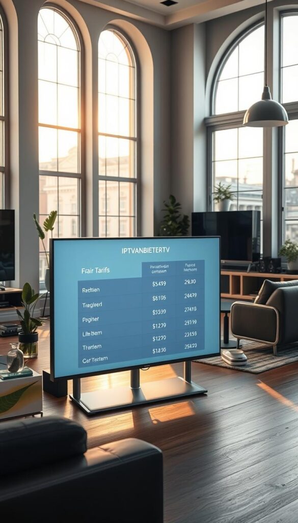 A detailed, high-quality interior scene showcasing the pricing plans of IPTVANBIETERTV, a leading IPTV provider in Germany. The scene features a modern, minimalist design with clean lines and a neutral color palette, placing emphasis on the transparent and fair tariffs on display. In the foreground, a large, sleek display screen presents the pricing information in a clear, easy-to-read format. Surrounding the screen, various lifestyle and technology elements create a sense of a professional, yet approachable setting. Warm, natural lighting from large windows casts a soft glow over the entire scene, conveying a sense of openness and trustworthiness. The mid-ground features premium-looking furniture and decor, hinting at the quality and value of the IPTV service. The background includes subtle architectural details that reinforce the German context. The overall mood is one of clarity, reliability, and attention to customer needs.