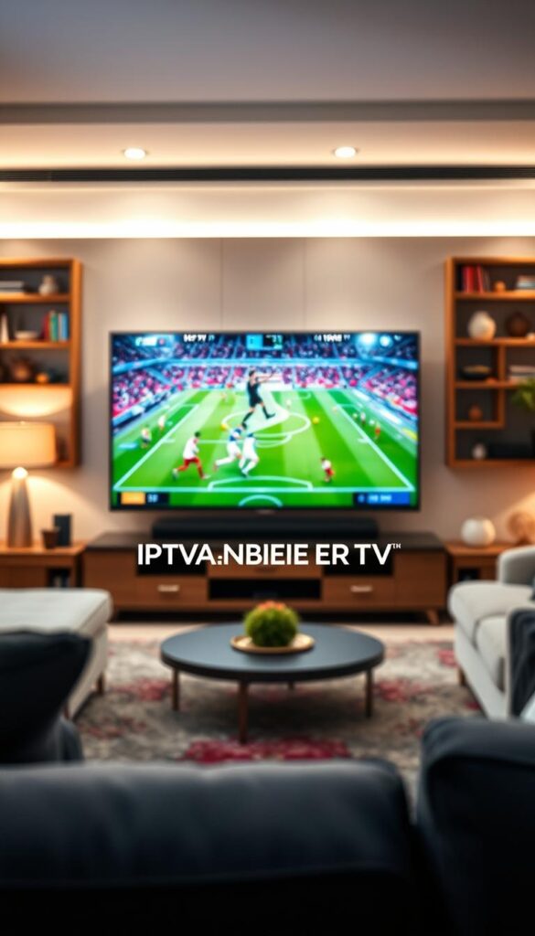 A detailed, high-resolution image depicting a dynamic and immersive IPTV broadcast of the Bundesliga soccer league. In the foreground, a sleek, modern television screen displays the live match, showcasing the vibrant colors and crisp visuals of the game. The middle ground features the IPTVANBIETERTV brand logo, prominently positioned to highlight the provider's services. The background is a soft, blurred scene of a living room interior, with comfortable furniture and cozy lighting, creating an inviting and relaxed atmosphere for the viewer to enjoy the Bundesliga action.