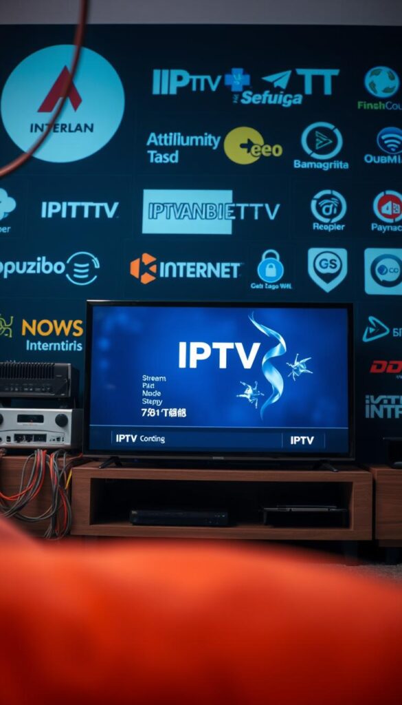 A detailed, high-resolution image depicting the causes of IPTV buffering. The scene shows the foreground with a smart TV streaming IPTV content, but experiencing frequent pauses and buffering. The middle ground features network cables, routers, and other technical equipment symbolizing the underlying infrastructure. The background showcases various internet service provider logos, including "IPTVANBIETERTV", to represent the complexity of IPTV service delivery. The overall image conveys a sense of frustration and technical complexity surrounding IPTV buffering issues. Realistic lighting, depth of field, and cinematic angles are used to enhance the visual impact.