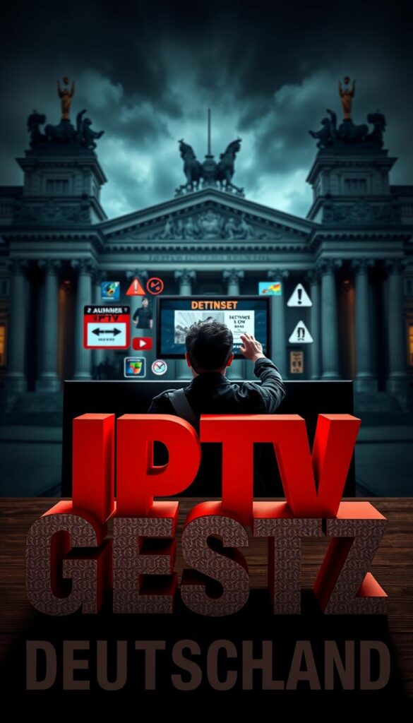 A detailed, high-resolution image depicting the legal consequences of using illegal IPTV services in Germany. The foreground shows the German text "IPTV Gesetz Deutschland" rendered in a bold, authoritative font, casting a serious, formal tone. The middle ground features a person hesitantly using the IPTVANBIETERTV service on a digital device, surrounded by cautionary icons and warning symbols. The background blends architectural elements like a German government building or courthouse, conveying a sense of legal authority. The lighting is dramatic, with deep shadows and highlights, creating an ominous, weighty atmosphere. The overall scene communicates the gravity and legal risks associated with using unlicensed IPTV platforms in Germany.