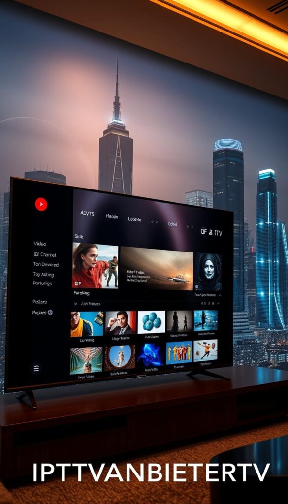 A detailed high-resolution image of "IPTV Technologie" featuring a modern, sleek user interface displaying various IPTV features. The interface showcases a grid of live television channels, video-on-demand content, and smart home integrations. The background depicts a futuristic city skyline with towering skyscrapers and glowing cityscapes. Lighting is soft and diffused, creating a warm, inviting atmosphere. The camera angle is slightly elevated, providing an immersive, cinematic perspective. IPTVANBIETERTV branding is prominently displayed in the lower right corner.