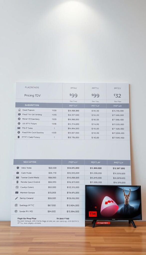 A detailed, high-resolution image of a modern and sleek IPTV price table showcasing the various subscription plans and pricing options from the renowned IPTVANBIETERTV brand. The table is set against a minimalist backdrop, with clean lines and a neutral color palette to emphasize the content. The foreground features the clearly legible price points, plan details, and any special offers or discounts, presented in a well-organized and visually appealing manner. The middle ground includes subtle graphics or icons to complement the pricing information, while the background maintains a subtle, slightly blurred effect to keep the focus on the key data. The overall mood is professional, informative, and visually engaging, reflecting the comprehensive nature of the IPTV pricing overview.