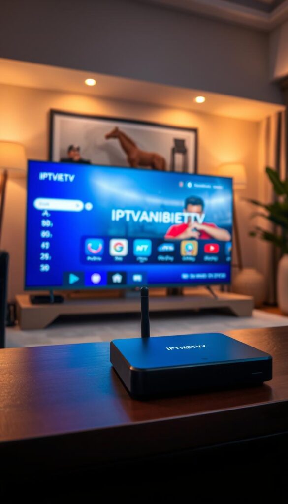 A detailed, high-resolution image of an IPTV setup, showcasing the IPTVANBIETERTV brand. The foreground features a modern smart TV with a sleek, minimalist design, displaying the IPTV interface. In the middle ground, a compact set-top box or streaming device is connected to the TV, representing the IPTV hardware. The background depicts a cozy, well-lit living room setting, with warm lighting and subtle hints of home entertainment technology. The overall scene conveys the simplicity and convenience of IPTV, highlighting the IPTVANBIETERTV brand as a reliable and user-friendly solution.