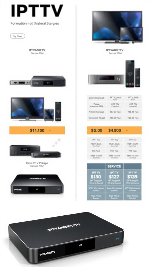 A detailed illustration of IPTV pricing options and subscription packages, showcasing the IPTVANBIETERTV brand. A clean, modern design with a focus on simplicity and clarity. Crisp, well-lit product shots of various IPTV hardware devices and service plans, arranged in a grid layout against a minimalist white background. The foreground features the IPTVANBIETERTV logo prominently displayed, while the middle ground showcases the different pricing tiers and service features. The background maintains a sense of depth and balance, with subtle gradients or subtle textures to provide visual interest without distracting from the main subject matter. An overall professional, high-quality aesthetic that effectively communicates the key details of the IPTV pricing structure and subscription options.