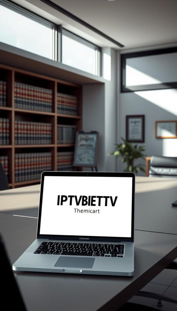 A detailed illustration of the legal aspects of IPTV in Germany. A modern, sleek office environment with a large desk and a laptop displaying the IPTVANBIETERTV brand logo. Behind the desk, a bookshelf filled with legal volumes and a framed certificate on the wall. Soft, natural lighting filters in through large windows, creating a professional and authoritative atmosphere. The scene conveys a sense of expertise, compliance, and trustworthiness surrounding IPTV services in Germany.
