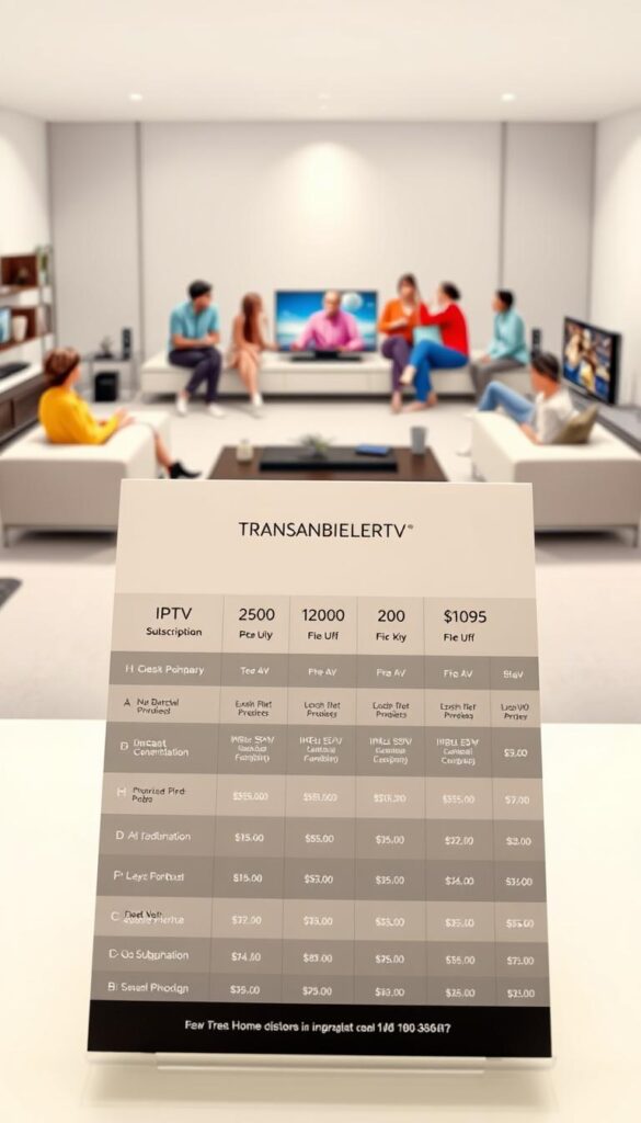 A detailed illustration of transparent IPTV pricing models, showcasing the IPTVANBIETERTV brand. In the foreground, a well-designed pricing table displays various subscription tiers with their corresponding features and costs, presented in a clean, modern layout. The middle ground features a group of diverse users, each accessing IPTV content on different devices, conveying the versatility of the service. The background depicts a sleek, minimalist living room setting, highlighting how IPTV seamlessly integrates into the home entertainment experience. The overall scene exudes a sense of clarity, accessibility, and professionalism, reflecting the "transparent" nature of the pricing models. Lighting is soft and diffused, creating a warm, inviting atmosphere.