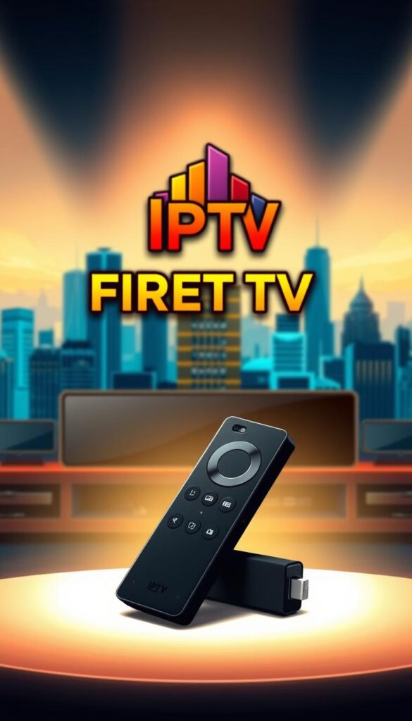 A detailed illustration showcasing the concept of IPTV for Firestick. In the foreground, a modern Firestick device prominently displayed, its sleek design and interface clearly visible. In the middle ground, a vibrant and dynamic IPTVANBIETERTV logo, representing the IPTV service provider. The background features a stylized cityscape, conveying the idea of widespread connectivity and access to digital entertainment. The scene is illuminated by warm, inviting lighting, creating a welcoming and user-friendly atmosphere. The overall composition strikes a balance between technology, branding, and the seamless integration of IPTV services with the Firestick platform.