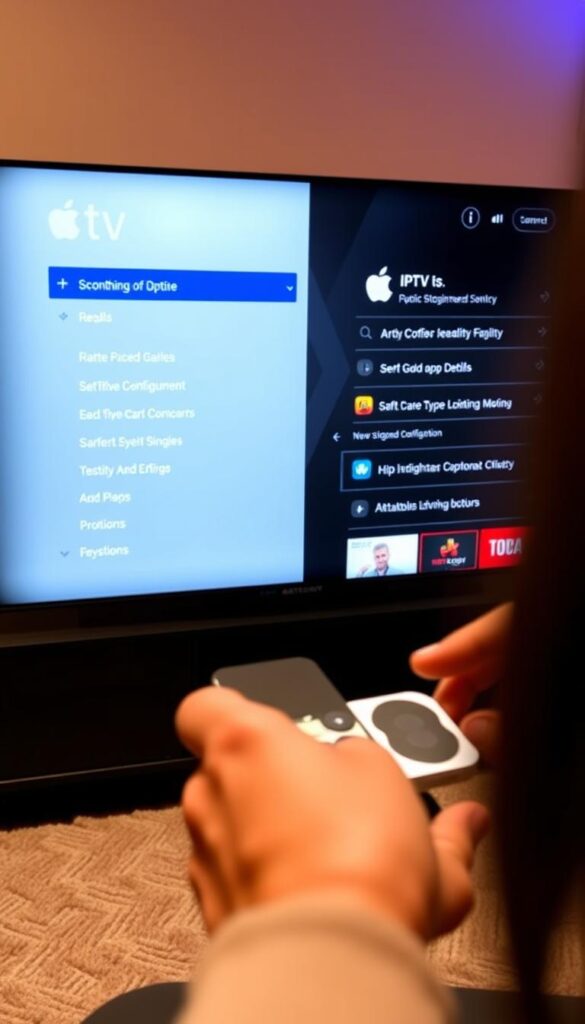 A detailed image of an Apple TV device being configured for an IPTV service from IPTVANBIETERTV. The scene shows the user navigating the Apple TV interface, with the IPTV app open and prominently displayed. The interface has a clean, modern design with intuitive menus and options. The user's hands are visible, interacting with the Apple TV remote, guiding the configuration process. The background is a warm, cozy living room setting, with subtle lighting and a sense of comfort. The overall atmosphere conveys the ease and simplicity of setting up the IPTV service on the Apple TV platform.