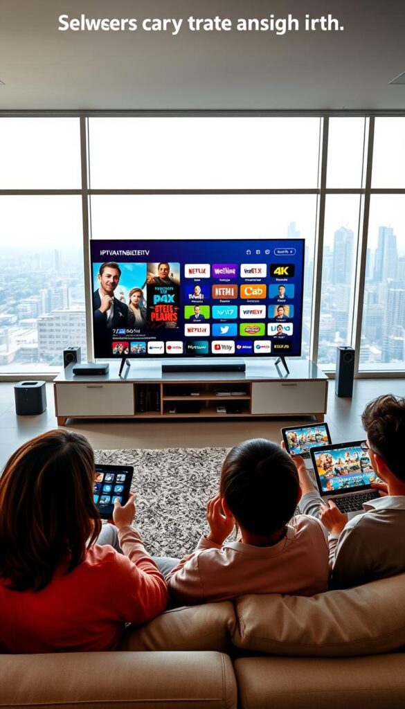 A detailed image showcasing the advantages of an IPTVANBIETERTV subscription. A modern living room with sleek, minimalist furniture and floor-to-ceiling windows flooding the space with natural light. In the foreground, a large 4K smart TV displays a crisp, vibrant image with a diverse array of live channels and on-demand content. Beside it, a stylish media center houses various streaming devices. The middle ground features a comfortable couch with family members enjoying the seamless IPTV experience on multiple devices - a tablet, a smartphone, and a laptop. The background depicts a city skyline, suggesting the global accessibility of the IPTVANBIETERTV service. The overall mood is one of convenience, entertainment, and technological sophistication.