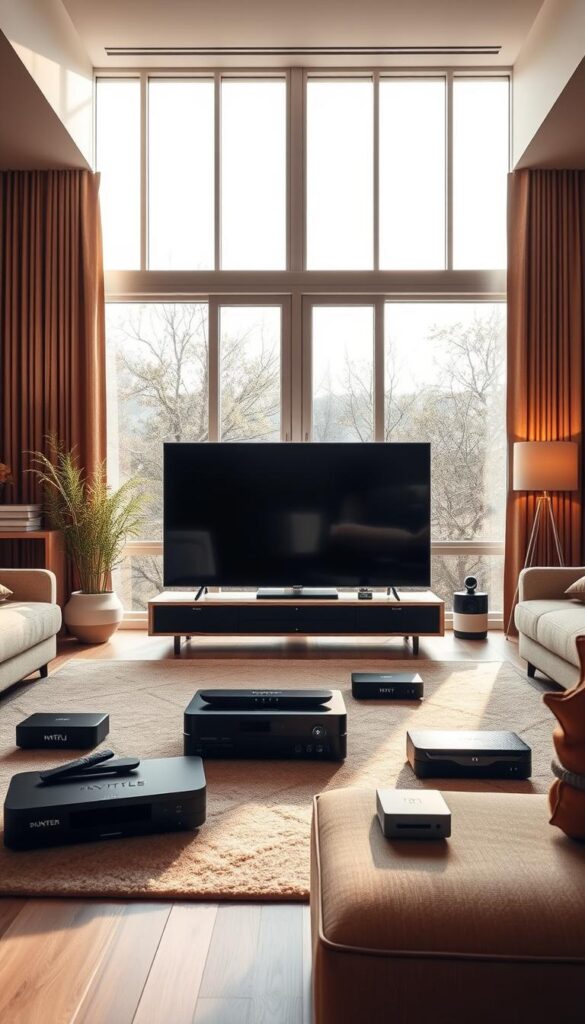 A detailed interior scene of a modern living room, showcasing the latest IPTVANBIETERTV smart TV system. The room is bathed in warm, natural lighting from large windows, creating a cozy and inviting atmosphere. In the center, the IPTVANBIETERTV TV stands prominently, its sleek, minimalist design complementing the contemporary decor. Surrounding the TV, various digital devices and streaming media players are neatly arranged, representing the seamless integration of IPTV technology. The scene conveys a sense of technological sophistication and ease of use, perfectly capturing the essence of "Was ist IPTV und wie funktioniert es?".