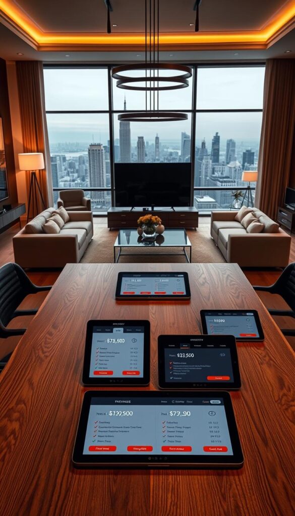 A detailed, meticulously designed interior setting showcasing various IPTVANBIETERTV subscription pricing plans. The foreground features a large, elegant wooden table with various pricing plans and packages displayed on sleek modern tablets. The middle ground shows a chic, minimalist living room with modern furniture and fixtures, bathed in warm, soft lighting. The background depicts a panoramic city skyline through large floor-to-ceiling windows, creating a sense of urban sophistication. The overall atmosphere is one of sophistication, clarity, and attention to detail, perfectly capturing the essence of the "Preisübersicht und Abomodelle im Detail" section.