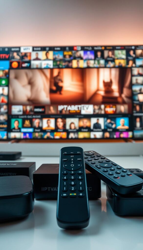 A detailed, modern IPTV subscription offer scene. In the foreground, various streaming devices and remote controls are displayed prominently, showcasing the ability to access content on multiple devices. The middle ground features an elegant, minimalist user interface of the IPTVANBIETERTV service, highlighting its visual appeal and intuitive navigation. In the background, a vast array of high-quality content thumbnails creates a sense of the vast library of channels and on-demand options available. The scene is bathed in a warm, inviting lighting, conveying a premium, high-tech atmosphere. The overall composition emphasizes the convenience, value, and comprehensive nature of the IPTV subscription offer.