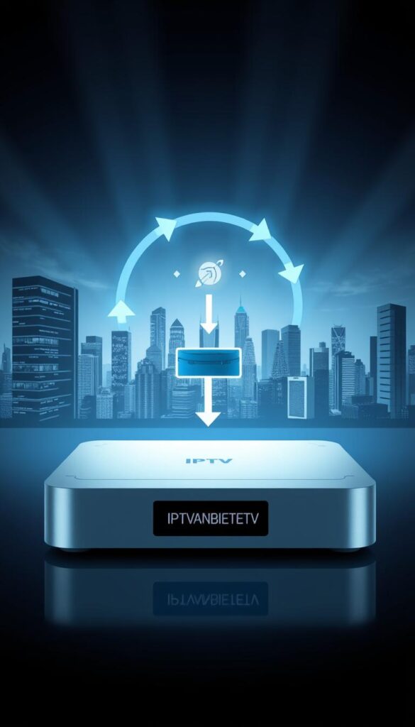 A detailed, modern and technical illustration of IPTV technology. In the foreground, a sleek, minimalist IPTVANBIETERTV receiver unit with clean lines and a simple LED display. In the middle ground, a diagram depicting the IPTV signal flow, with arrows indicating the transmission from the internet to the device. In the background, a futuristic cityscape with towering skyscrapers, representing the digital infrastructure that enables IPTV. The lighting is cool-toned and directional, casting dramatic shadows and highlighting the technical details. The overall mood is one of innovation, efficiency and connectivity.