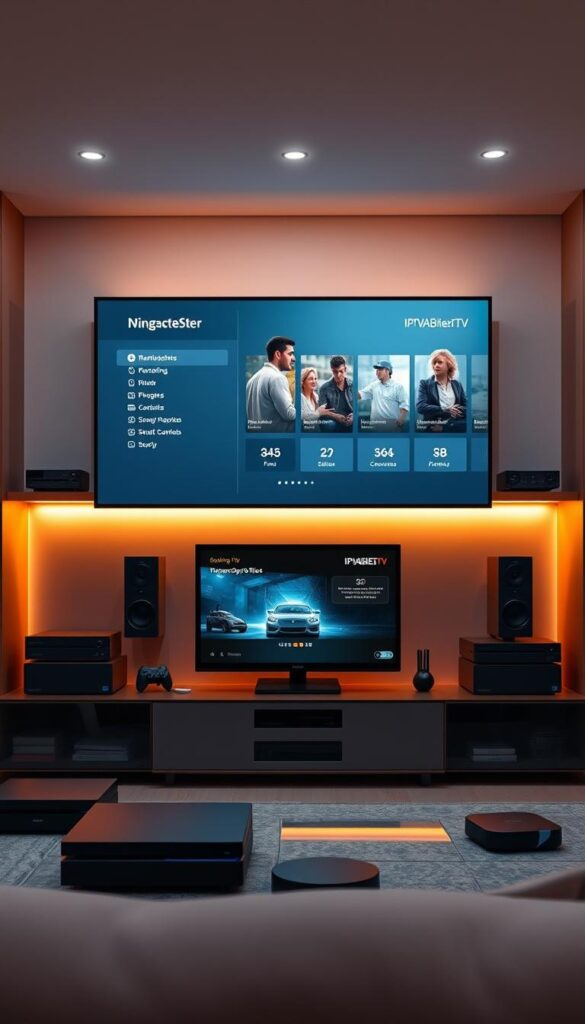 A detailed, modern interior of a sleek, minimalist home entertainment system featuring the IPTVANBIETERTV brand. The centerpiece is a large, high-definition TV displaying an intuitive interface showcasing the recording and playback capabilities. Surrounding the TV are various connected devices like streaming boxes, gaming consoles, and smart home controls, all harmoniously integrated. The lighting is warm and inviting, casting a soft glow throughout the space. The overall scene conveys a sense of technological sophistication and effortless functionality, perfectly suited for the article's subject matter.
