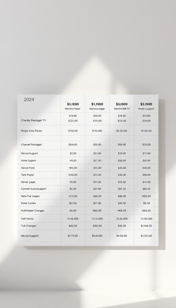 A detailed, modern-looking table displaying the 2024 pricing structure and subscription options for the IPTVANBIETERTV service. The table features clean, minimalist design with clearly organized data on monthly/yearly costs, channel packages, and device support. The background is a muted, sophisticated color palette, with subtle gradients and textures to create depth and visual interest. Bright, natural lighting casts soft shadows, giving the image a crisp, professional feel. The overall composition is balanced and visually appealing, drawing the viewer's attention to the key pricing and subscription details.