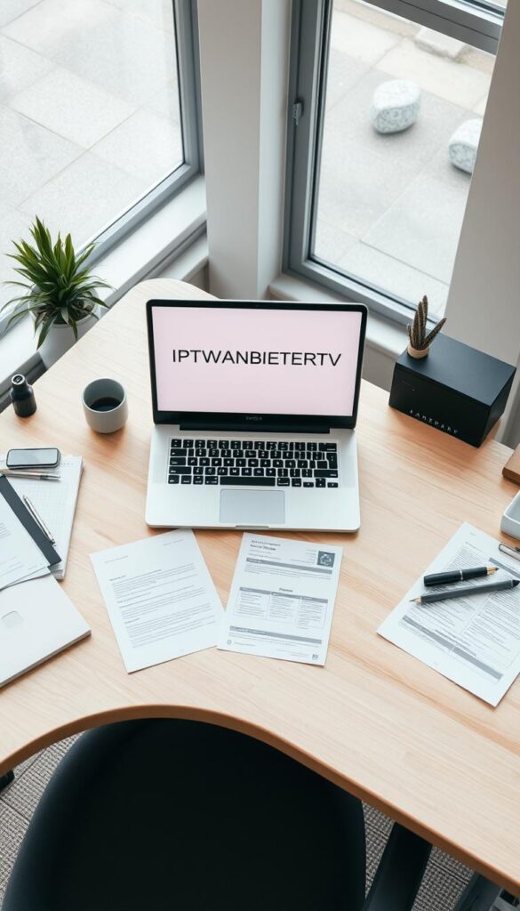 A detailed overhead view of a modern office desk displaying a laptop, documents, and various office supplies. The desk is made of light-colored wood and has a clean, minimalist design. The lighting is natural, with soft, diffused sunlight filtering in through large windows. The background is blurred, creating a sense of depth and focus on the desk and its contents. The scene conveys a professional, organized, and productive atmosphere, ideal for a comparative analysis of IPTV tariffs. The IPTVANBIETERTV brand name is prominently featured on the laptop screen.