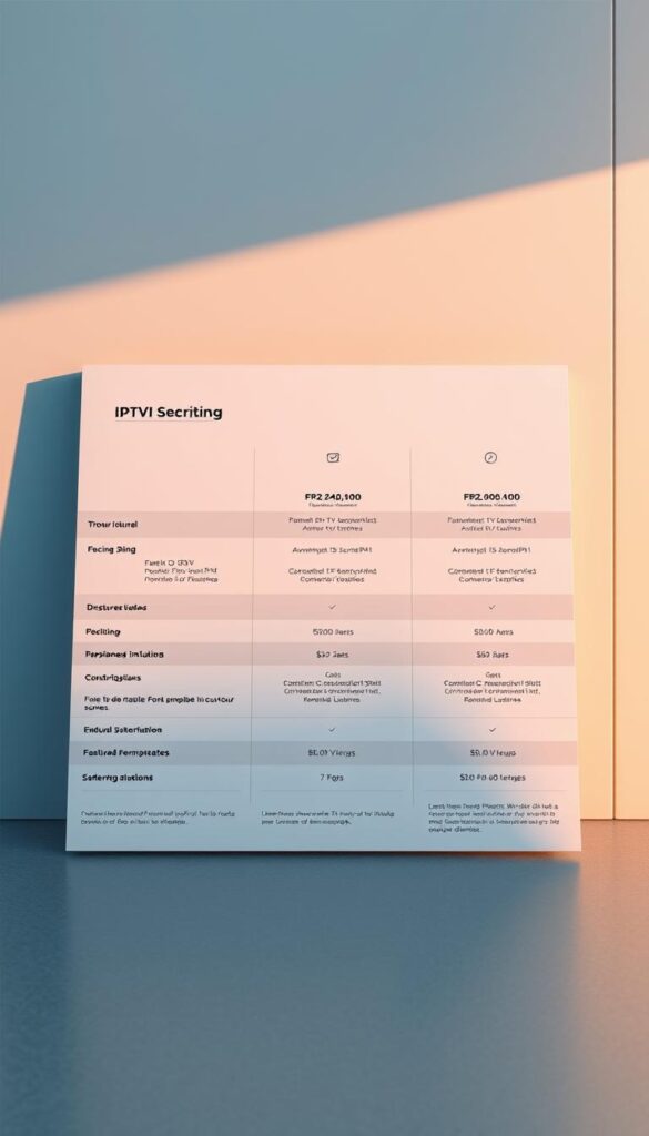 A detailed overview of IPTV service pricing and subscription models from IPTVANBIETERTV.com. Set against a sleek, modern backdrop, the image showcases a clean, minimalist layout with clearly delineated pricing tiers, feature breakdowns, and subscription plan details. Bright, natural lighting casts a warm glow, complemented by a subtly textured surface that suggests a high-quality, premium presentation. The composition balances informative clarity with a sophisticated, visually appealing aesthetic to effectively communicate the key details of IPTVANBIETERTV's pricing and service offerings.