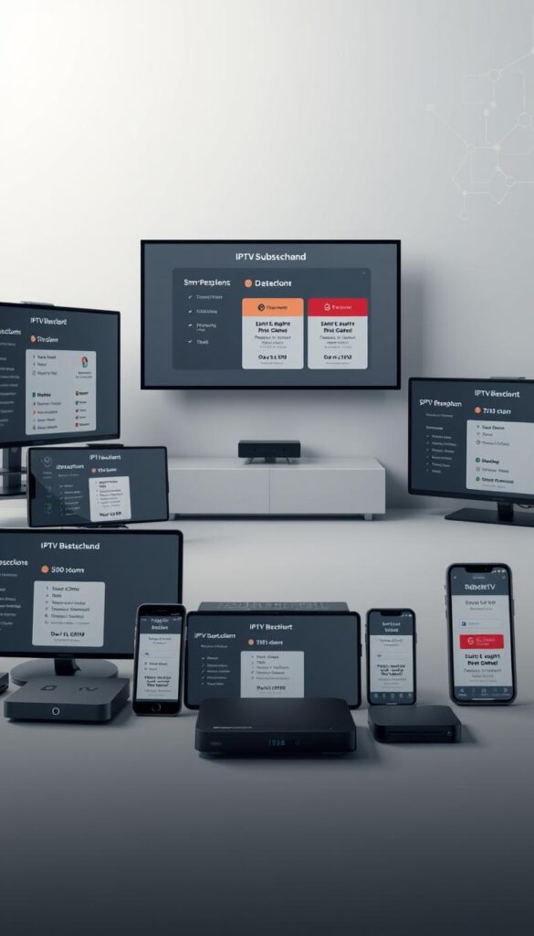 A detailed, photorealistic illustration of various IPTV Deutschland subscription pricing models. In the foreground, an array of digital devices including smart TVs, streaming boxes, and mobile phones, each displaying different IPTV service plan options and pricing. In the middle ground, a clean, minimalist user interface showcasing IPTVANBIETERTV's intuitive plan selection and subscription management tools. The background features a muted, gradient-based layout with subtle technical patterns suggestive of network infrastructure and broadcast technology. The overall scene conveys a sense of reliability, accessibility, and transparency in IPTV service offerings.