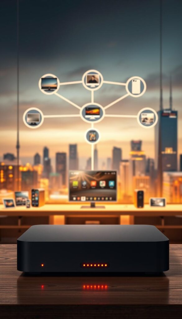 A detailed, photorealistic image of the IPTV Technologie concept. In the foreground, a sleek, modern IPTVANBIETERTV set-top box with a minimalist design and glowing LED indicators. The middle ground features a network diagram with interconnected devices like smart TVs, smartphones, and tablets, all seamlessly accessing a variety of live and on-demand content. In the background, a cityscape with skyscrapers and antennas, symbolizing the widespread availability and infrastructure of IPTV technology. The scene is illuminated by warm, directional lighting, creating a sense of sophistication and technological advancement. The overall mood is one of seamless connectivity, flexibility, and the future of television viewing.