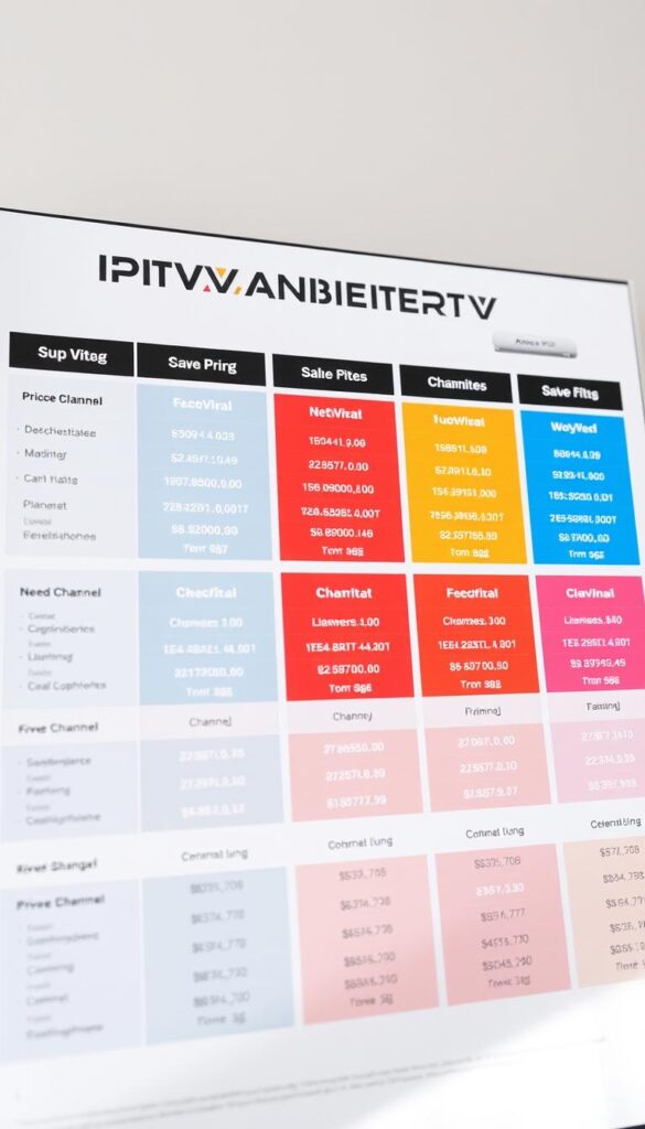 A detailed price overview of iptvanbietertv.com, showcasing a diverse range of IPTV packages and pricing options available to consumers in Germany. The image should feature a clean, minimalist design with a focus on presenting the relevant pricing information in a visually appealing and easy-to-understand format. The layout should include a prominent display of the IPTVANBIETERTV brand name, along with well-organized data tables or infographic elements highlighting the various IPTV subscription tiers, channel lineups, and corresponding prices. The overall tone should convey a sense of professionalism, reliability, and transparency, reflecting the subject matter of the article section. The image should be captured in a bright, natural lighting setup with a slightly angled perspective to create depth and visual interest.