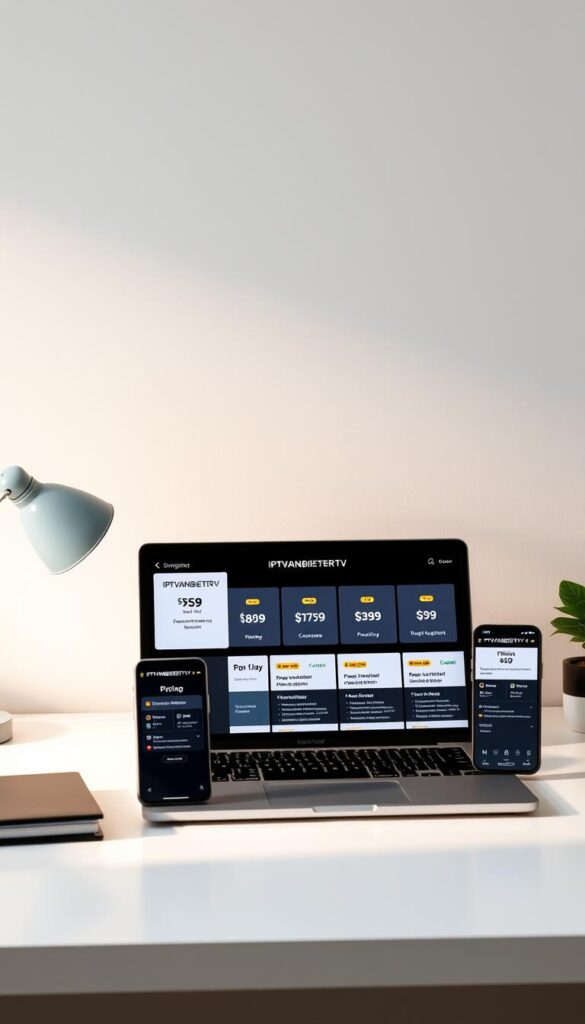 A detailed price overview showcasing a variety of affordable IPTVANBIETERTV subscription plans. The scene depicts a sleek, minimalist desktop setup with a laptop and mobile device displaying the IPTVANBIETERTV website. The layout is clean and organized, highlighting the different pricing tiers and plan features in a visually appealing manner. Soft, directional lighting illuminates the setup, creating a professional and trustworthy atmosphere. The overall composition emphasizes the accessibility and transparency of the IPTVANBIETERTV service, inviting the viewer to explore the detailed pricing information.