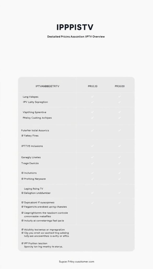 A detailed pricing overview of IPTVANBIETERTV's IPTV plans, showcasing transparent and clearly presented subscription costs. The image features a modern, minimalist design with a clean layout and intuitive organization of pricing tiers, package details, and service inclusions. The composition utilizes a soft, neutral color palette with subtle gradients to create a sense of depth and focus. Careful attention is paid to typography, iconography, and visual hierarchy to ensure the information is easy to scan and comprehend. The overall mood is professional, trustworthy, and customer-centric, reflecting the reliability and transparency of the IPTVANBIETERTV brand.