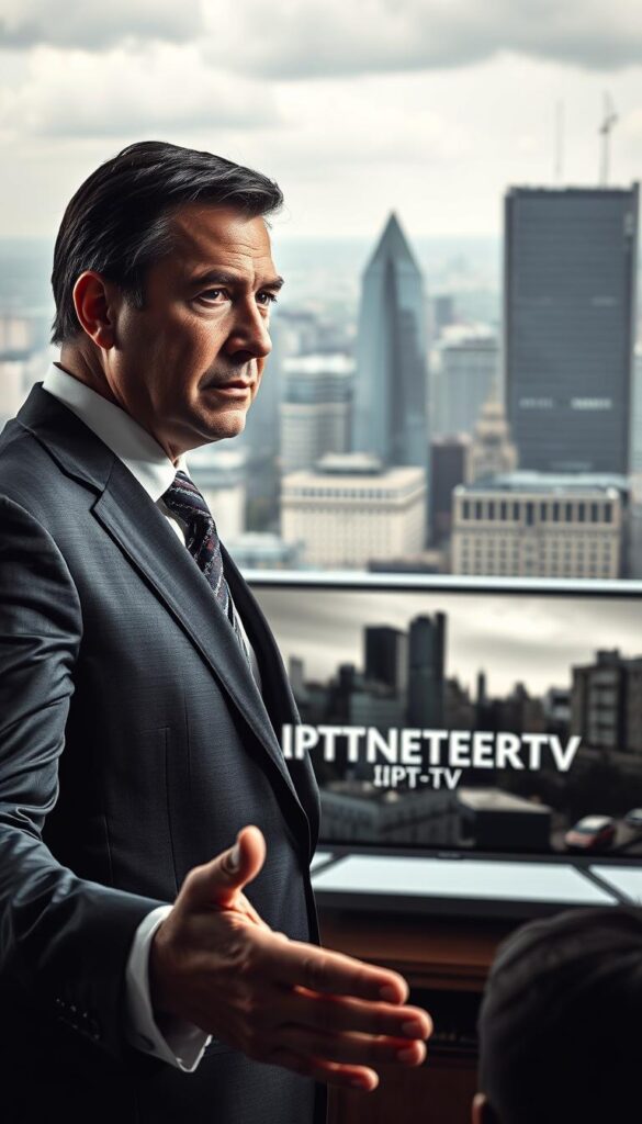 A detailed scene depicting the legal aspects of IPTV in Germany. In the foreground, a serious-looking businessman in a crisp suit gestures emphatically, representing the regulatory environment. The middle ground features a sleek, modern IPTVANBIETERTV smart TV, symbolizing the technology at the heart of the issue. In the background, a cityscape of Frankfurt's financial district conveys the urban, high-tech setting. The lighting is dramatic, with deep shadows and highlights that create a sense of gravity and importance. The overall mood is one of thoughtful contemplation, as the viewer is invited to consider the complex legal landscape surrounding IPTV in Germany.