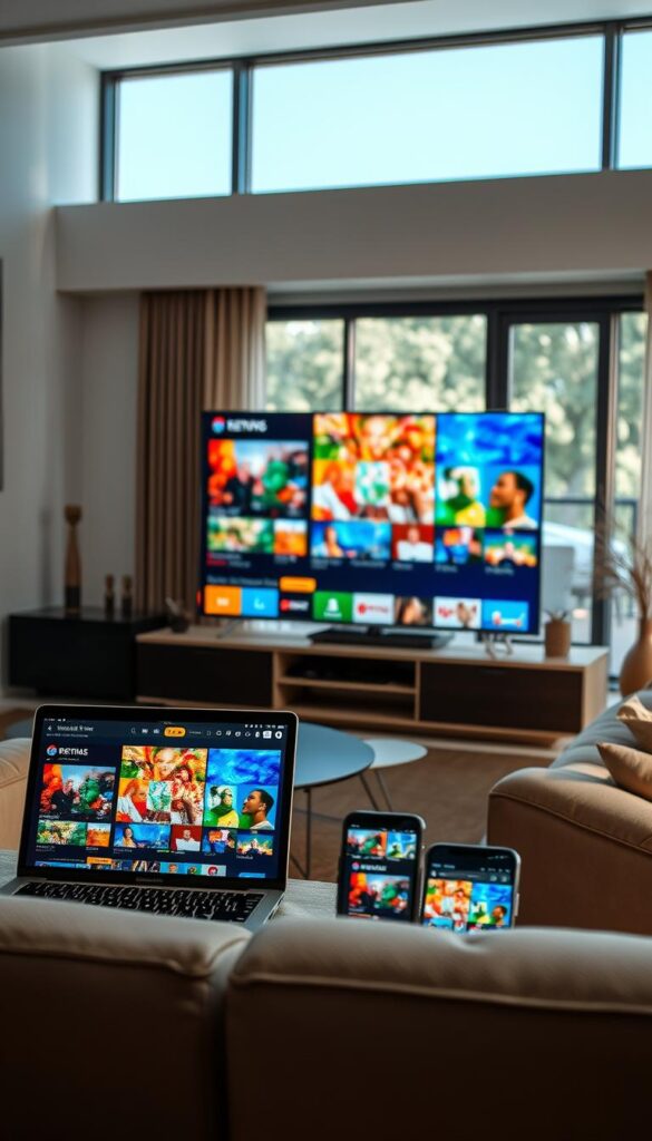 A detailed scene showcasing IPTV streaming on various devices. A living room with a large flatscreen TV dominates the foreground, displaying vibrant IPTV content. Surrounding the TV are a laptop, tablet, and smartphone, all streaming the same IPTV channels. The devices are illuminated by soft, natural lighting filtering through large windows, creating a warm, inviting atmosphere. In the background, the room is furnished with modern, minimalist decor, emphasizing the versatility and convenience of IPTV streaming with IPTVANBIETERTV.
