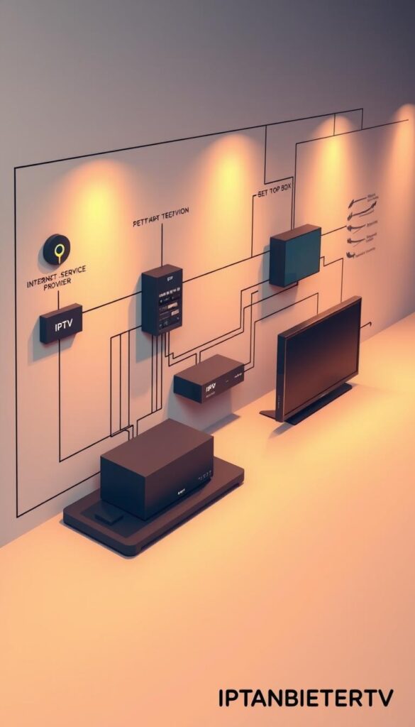 A detailed schematic diagram depicting the inner workings of an IPTV system. Showcasing the key components and data flow, including the internet service provider, IPTV server, set-top box, and television. Rendered in a technical, engineering-inspired style with clean lines, sharp contrasts, and a focus on functionality over aesthetics. The scene is illuminated by warm, directional lighting that casts subtle shadows, creating depth and dimension. The overall tone is informative and educational, inviting the viewer to explore the IPTV technology in a visually engaging manner. The IPTVANBIETERTV logo is prominently displayed in the lower right corner.