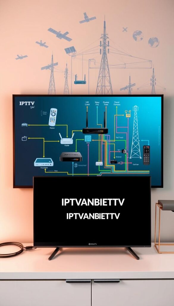 A detailed schematic diagram depicting the inner workings of an IPTV system. The foreground shows a modern smart TV with a sleek, minimalist design, showcasing the IPTVANBIETERTV brand logo. The middle ground features a series of interconnected components, including a modem, router, set-top box, and remote control, all linked by colorful data cables. The background reveals a complex network of satellites, cell towers, and internet infrastructure, representing the complex technology behind IPTV delivery. The overall scene conveys a sense of technological sophistication and seamless integration, reflecting the functionality and efficiency of the IPTV system. The lighting is a warm, muted tone, creating a professional and informative atmosphere.