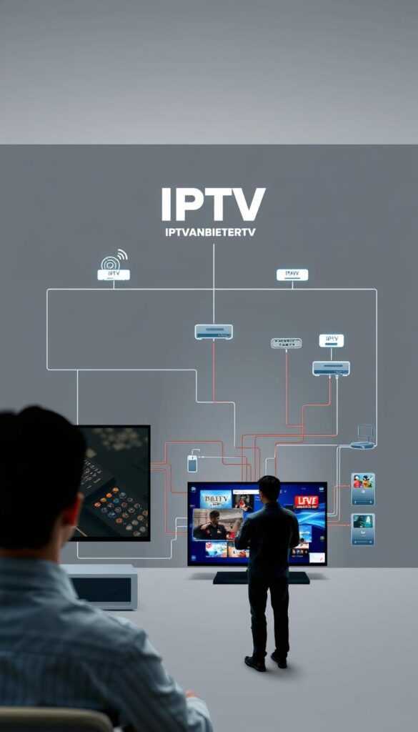 A detailed schematic diagram of the IPTV (Internet Protocol Television) system, showcasing its inner workings. The foreground depicts the end-user's interaction, with a person navigating an IPTV interface on a modern TV set. The middle ground features the data transmission process, with internet cables, routers, and servers transmitting video and audio content. The background showcases the IPTVANBIETERTV brand logo, representing the IPTV service provider. The scene is rendered in a clean, technical style with subtle lighting and a muted color palette, highlighting the technological nature of the IPTV system.