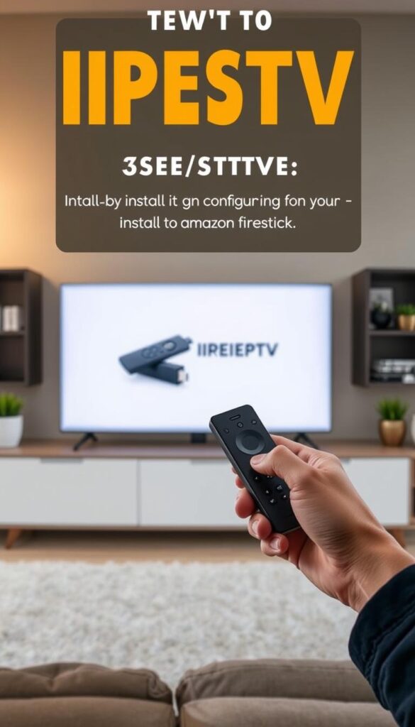 A detailed, step-by-step setup guide for installing and configuring an IPTV service on an Amazon Firestick device. The scene depicts a person's hands holding a Firestick remote, with the Firestick device itself visible on a TV screen displaying the IPTV platform's user interface. The background showcases a modern, minimalist living room setting with clean, warm lighting. The overall composition conveys a sense of ease and approachability, guiding the user through the IPTV Firestick setup process. The IPTVANBIETERTV brand logo is prominently displayed on the TV screen.