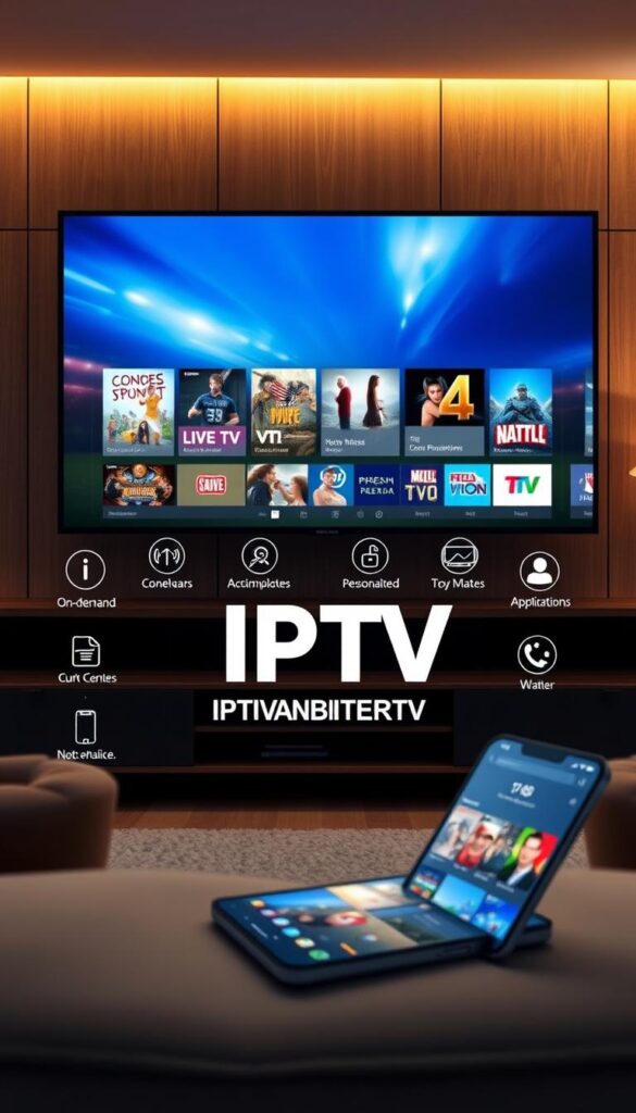 A detailed, striking visual representation of the advantages of IPTV over traditional TV offerings. Set in a modern, minimalist interior with clean lines and warm lighting, showcasing a large, high-definition television screen displaying vibrant, crystal-clear visuals. In the foreground, various IPTV features are prominently displayed, such as on-demand content, live TV, and personalized recommendations, all conveyed through sleek, intuitive icons and graphics. The middle ground features the IPTVANBIETERTV brand logo, prominently positioned to establish the provider's identity. The background subtly suggests the flexibility and convenience of IPTV, with a smartphone and tablet seamlessly integrated into the scene, highlighting the cross-device accessibility. The overall tone is one of sophistication, innovation, and the superior viewing experience that IPTV offers.
