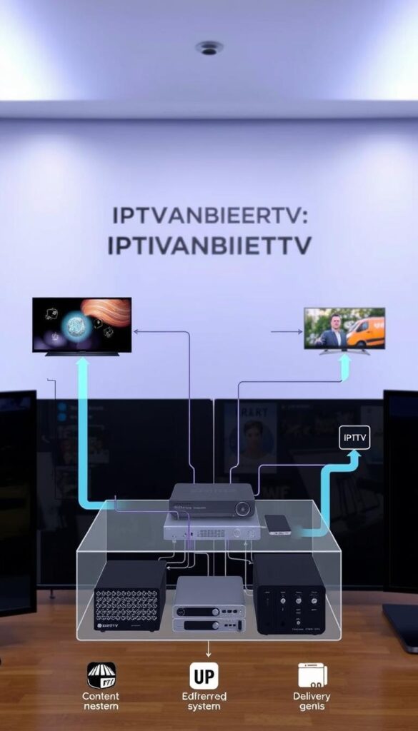 A detailed technical diagram showcasing the inner workings of an IPTV system. In the foreground, a clear visual representation of the IPTV streaming process, with arrows and icons illustrating the flow of data from content providers to end-user devices. In the middle ground, a cutaway view revealing the core components of an IPTV platform, including servers, content management systems, and delivery networks. In the background, a sleek, minimalist backdrop with the IPTVANBIETERTV brand prominently displayed, conveying a sense of professional quality and reliability. The overall mood is one of informative clarity, highlighting the complex yet efficient nature of modern IPTV technology.