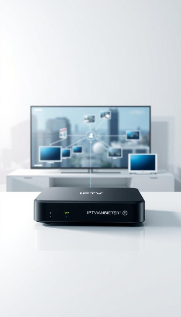 A detailed technical illustration of IPTV Technologie, showcasing its key components and inner workings. The scene depicts a clean, minimalist aesthetic with a sleek, modern design. In the foreground, a central IPTVANBIETERTV device is prominently displayed, its sleek lines and clean interface highlighted by soft, directional lighting. The middle ground features a network diagram illustrating the data flow and connectivity between the IPTV device, internet service provider, and various display devices. The background depicts a subtle, blurred cityscape, hinting at the ubiquity of IPTV technology in the modern, digitally-connected world. The overall mood is one of sophistication, efficiency, and technological prowess.