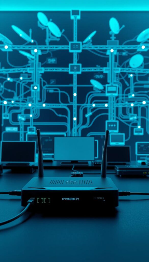A detailed, technical network diagram depicting an IPTV network connection. The foreground shows the IPTVANBIETERTV gateway device connected to a modem and a wireless router via ethernet cables. The middle ground features multiple client devices like smart TVs and streaming boxes connected to the router wirelessly. The background showcases a complex web of internet infrastructure including network switches, servers, and satellite dishes, all working together to deliver IPTV services. The scene is illuminated by cool, blue-tinted lighting, creating a sleek, professional atmosphere. The overall composition emphasizes the interconnected nature of the IPTV system and the importance of a stable network for optimal performance.