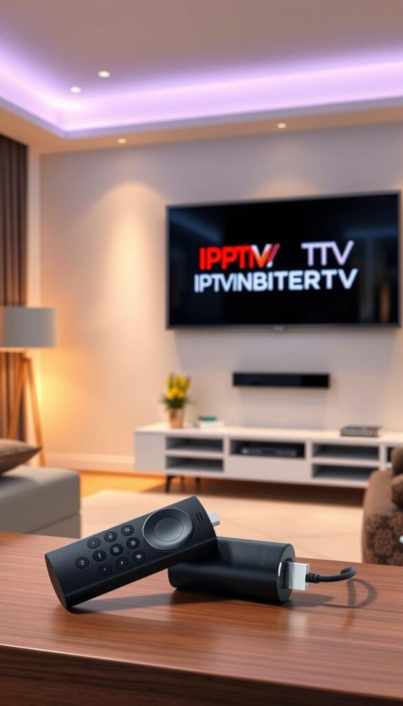 A detailed, technical setup of an IPTV system for Firestick. A modern living room interior with a large flatscreen TV mounted on the wall, displaying the IPTVANBIETERTV brand logo. In the foreground, a Firestick device is prominently featured, connected to the TV. Soft, warm lighting illuminates the scene, creating a cozy and inviting atmosphere. The room is tastefully decorated with minimalist furnishings, complementing the sleek, high-tech setup. The overall composition conveys the convenience and user-friendliness of IPTV technology for home entertainment.