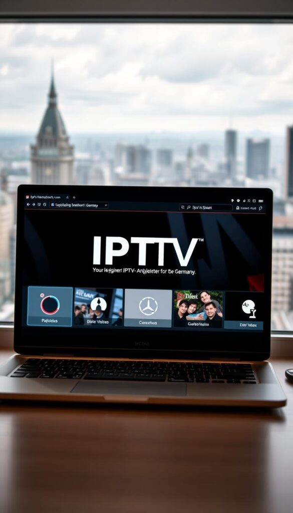 A detailed, ultrarealistic image of the IPTVANBIETERTV website and brand logo. The website interface is prominently displayed in the foreground, showcasing a clean and modern design with a focus on providing IPTV services in Germany. The background features a blurred cityscape of a major German city, conveying a sense of urban sophistication. The lighting is natural and soft, creating a warm and inviting atmosphere. The camera angle is slightly elevated, giving the viewer a sense of authority and trust in the brand. The overall composition emphasizes the professionalism and legitimacy of the IPTVANBIETERTV service, aligning with the section title "iptvanbietertv.com - Ein legaler IPTV-Anbieter für Deutschland".